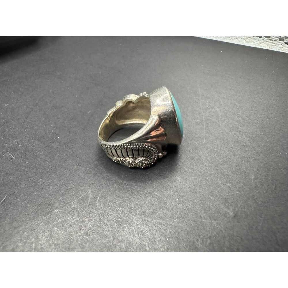 Vintage Southwestern Turquoise Oval Cut Filigree 925 Sterling Silver Ring Sz 7.5 - Picture 7 of 12